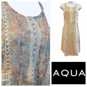 Aqua Rayon Prairie Casual Nap Dress Smocked Waist Floral Crochet Trim Sundress